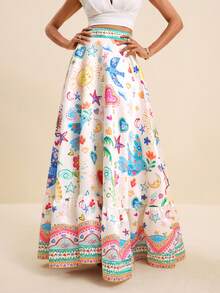 LOTSLUV Women's Colorful Playful Pattern Printed A-Line Long Satin Skirt,White,Summer,Euro,Tea Party,Vacation,Holiday Floral Skirts For Spring/Summer Vacation - Multicolor - View 4