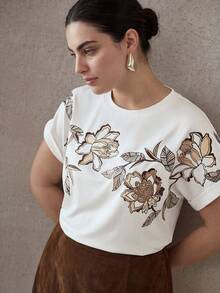 MOTF PREMIUM PLUS SIZE WOMEN'S FLORAL PRINT BATWING SLEEVE LOOSE T-SHIRT, SUMMER - White - View 6