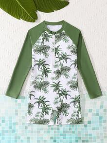 Bộ áo tắm liền thân tay raglan in hình cây cọ dành cho bé gái tuổi teen, kèm quần short. - trắng - Xem 6