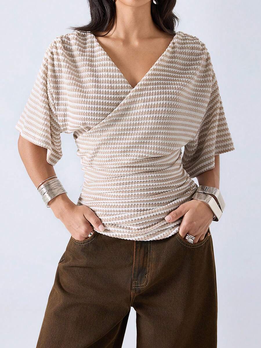LYSMO 2026 New Arrive Minimalism Spring/Summer Women's V-Neck Striped Casual Versatile Daily Wear T-Shirt,Summer Top - Apricot - View 1