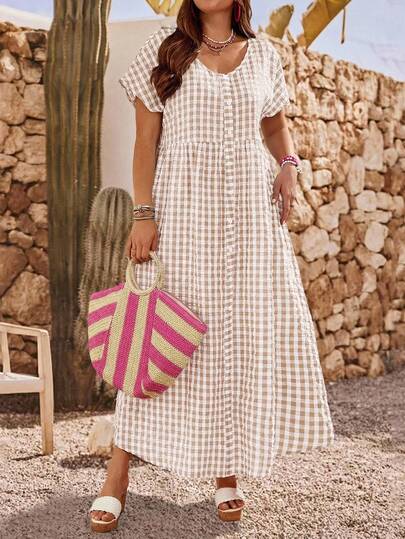 EMERY ROSE Plus Size Women's Summer Casual Vacation Country V-Neck Short Sleeve Plaid Long Dress, Summer Vacation,Summer Holiday,Spring Break Outfits ,Vacation Outfits Women ,Holiday Outfits For Women,Going Out Outfits,2026 New Clothes,Simple And Fashionable For Everyday Wear,Casual Dresses For Women,Flowy Dress ,Suitable For Summer, Vacation,Daily Wear, Picnic Dress For Women, Women Vacation Dress, Short Sleeve Summer Dress,Green Long Dress,Beach Outfits For Women