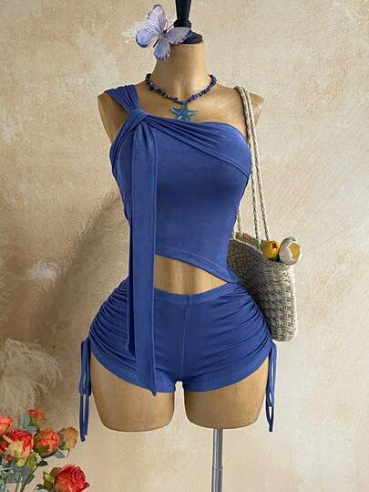 Soleia Women's Solid Color Pleated Shoulder Top And Shorts Casual 2 Pieces Set