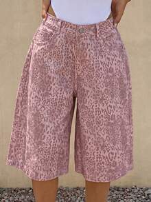Livesso Shorts de Denim de Algodão Soltos com Estampa de Leopardo para Mulheres, Adequados para Festa, Praia, Férias, Verão - Rosa chiclete - Visão 4