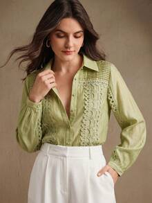 Anewsta Blusa de alta calidad con pliegues, patchwork y bordados de estilo francés elegante, diseño de nicho con mangas farol y cuello vuelto, versátil para el trabajo y las vacaciones - Verde - Ver 4
