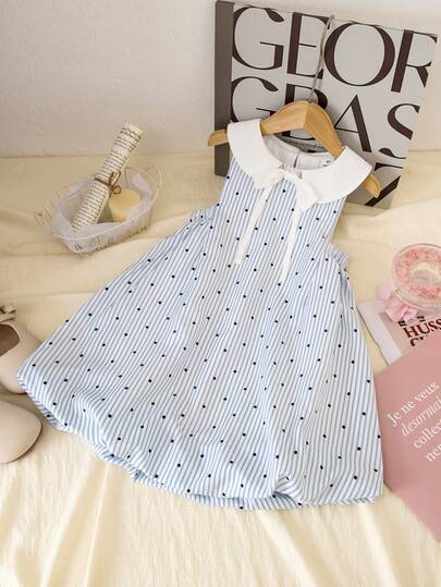 SHEIN Young Girl Striped Polka Dot Bow Decor Casual Vacation Dress