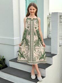 SHEIN Đầm hai dây in họa tiết dáng rộng cho bé gái tuổi teen, phong cách Bohemian, thích hợp cho kỳ nghỉ biển nhiệt đới, trang phục mẹ con đồng bộ, mùa xuân/hè. - màu xanh lá - Xem 5
