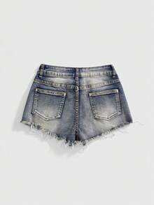 ROMWE Avant Women Vintage Millennium  World Cup Brazil Festa Junina Distressed Ripped Super Low-Waist Mini Denim Shorts - Blue - View 2