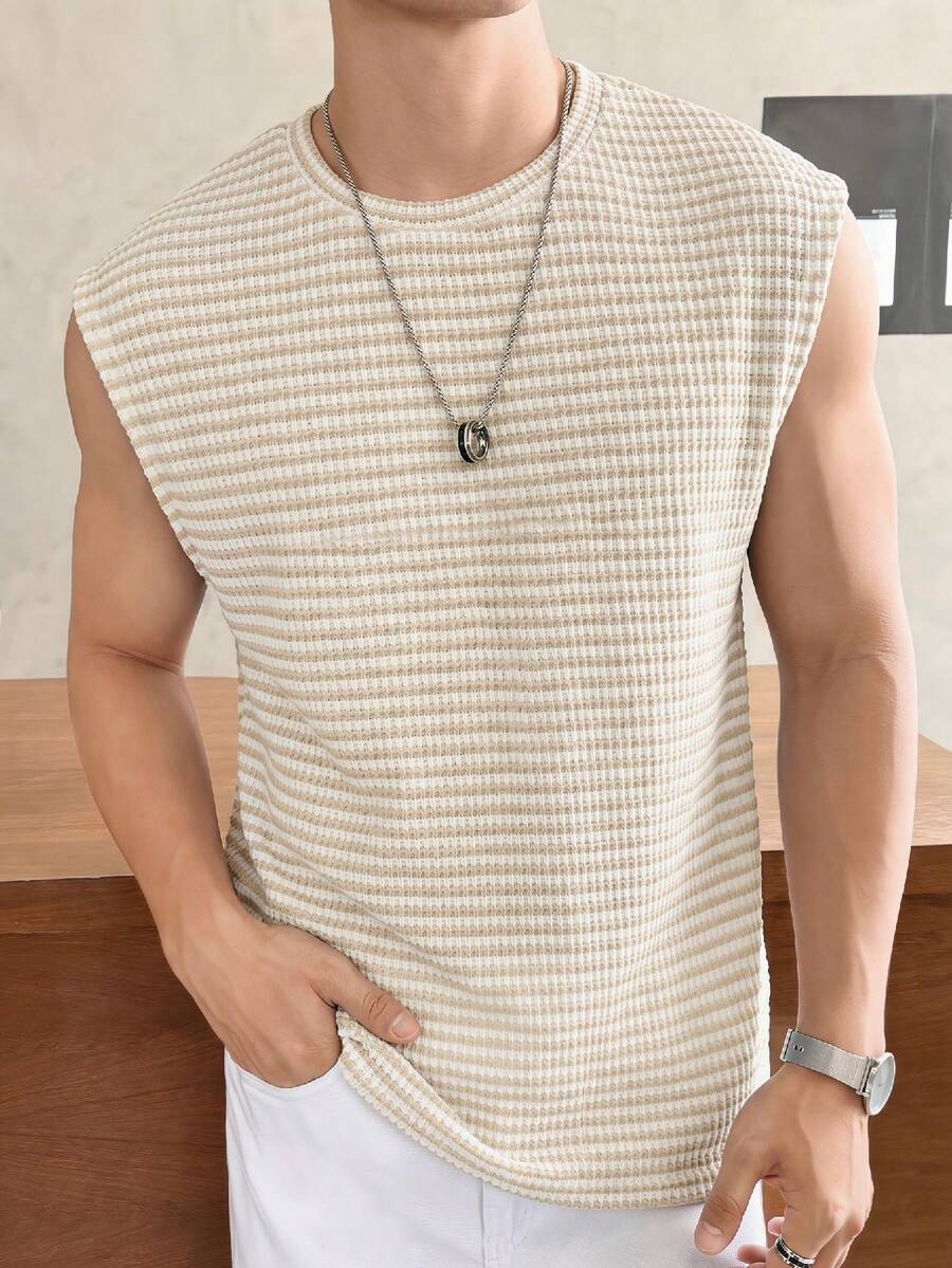 SWAVVY Áo tank top nam dáng rộng, màu mơ, vải jacquard trơn, thích hợp mặc mùa hè. - Màu be - Xem 1