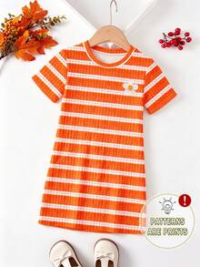 Elladie kids 春夏女童休闲时尚创意个性清新橙白条纹胸前印花休闲基础款短袖T恤裙，舒适日常穿着，适合春、夏、秋季穿着。 - 彩色 - 查看 4