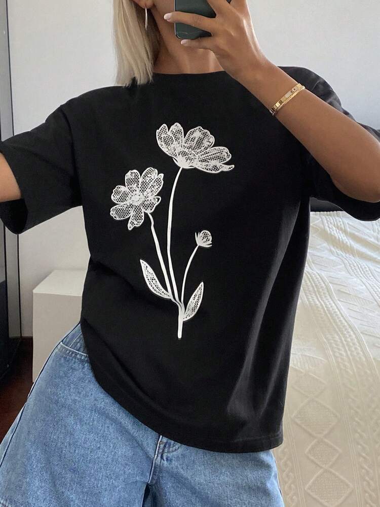 Women's Summer Round Neck Short Sleeve Floral Decor Casual Pullover T-Shirt