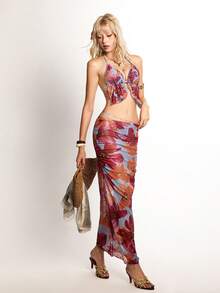 ROMWE Avant 26SS Primavera/Verão Conjunto de Maiô Bikini Halter com Estampa Floral Romântica 3 Peças, Cor Vermelho Pôr do Sol & Laranja - Verde - Visão 5