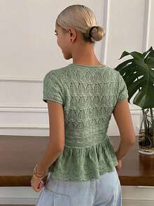 DAZY Women's Solid Color Patchwork Ruffle Hem Casual Vacation Round Neck Short Sleeve Knit Sweater, Autumn - Green - View 2