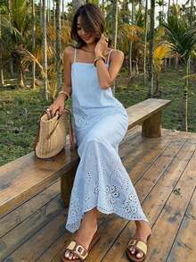 DAZY Solid Color Floral Embroidered Hem Fitted Maxi Skirt, Elegant Vacation Spring/Summer 2-Piece Set For Women - Blue - View 5