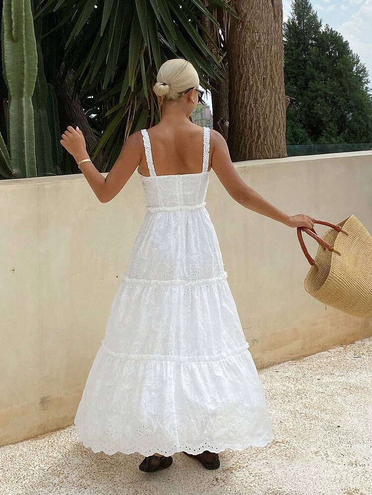 Jacquard Embroidered Fabric Fitted Waist Umbrella Dress With Tie Waist And Frill Trim, Casual Summer Dress For Women Sun Dresses For Women Vacation Outfits Women