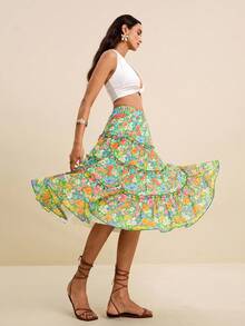 LOTSLUV Women's Emerald Green Floral And Patchwork Ruffle Hem Chiffon Print A-Line Skirt, Summer Holiday, Midi Skirts, Vacation, Festival Skirt Beach Boho - Multicolor - View 1