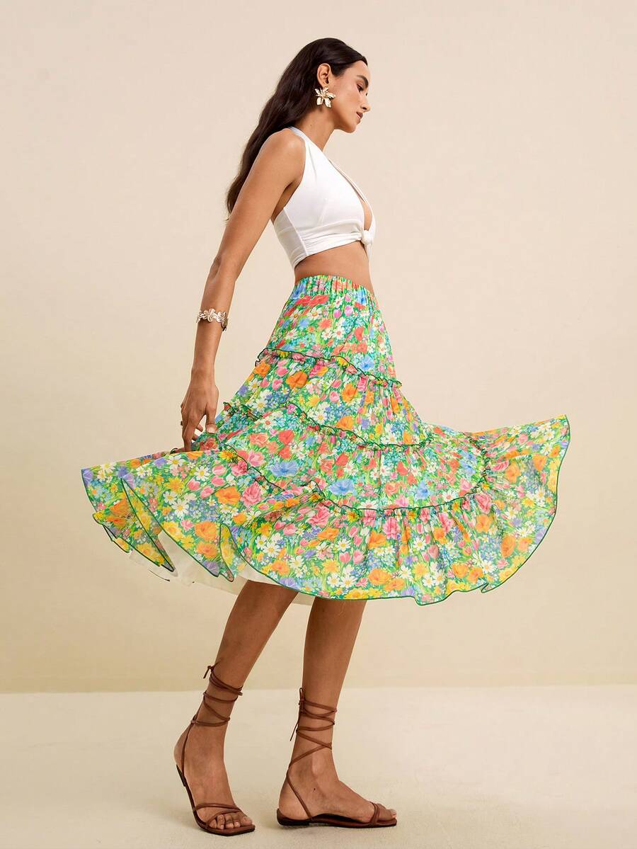 LOTSLUV Women's Emerald Green Floral And Patchwork Ruffle Hem Chiffon Print A-Line Skirt, Summer Holiday, Midi Skirts, Vacation, Festival Skirt Beach Boho - Multicolor - View 1