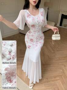 Modelyn Summer Elegant Sexy Lace Chiffon Print Fitted Fishtail Dress Wedding Golf Holiday Boda White - Multicolor - View 7