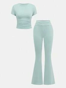 SHEIN Girlism Tween Girl Casual Fitted Light Blue Ruched Crew Neck Top And Ruched Flare Pants Set - Mint Green - View 9