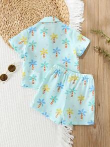Cozy Pixies 2pcs/Set Toddler Boys' Blue Cartoon Plant Print Short Sleeve Shirt And Shorts Set,Funny Summer Vacation Holiday Casual Outfit For Daily Wear,Parties - Multicolor - View 4