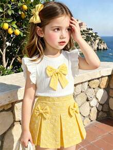 Elladie kids 女童夏季无袖上衣，饰有3D蝴蝶结，搭配黄色3D花卉图案半身裙，腰间也饰有蝴蝶结，适合休闲、优雅、可爱的日常/假日穿着。 - 黃色 - 查看 4