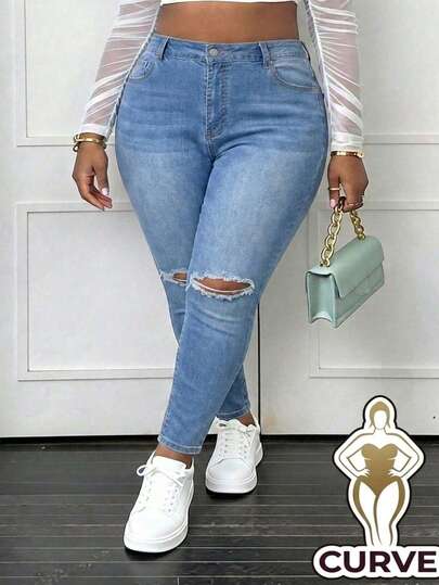Pantalones Vaqueros Skinny para Mujer Talla Grande - Tejido Elástico, Efecto Lavado con Rayas de Gato y Rotos, Acentúa Curvas,​ Jeans ajustados elásticos con curvy