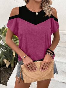 EMERY ROSE Color Block Open Shoulder T-Shirt Graphic Tees Women Tops Goin Out Black Summer - Purple - View 5
