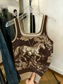Resyla Tank Top Kasual Wanita Model Regular Fit Motif Kuda Leher Persegi - Coffee Brown - View 3