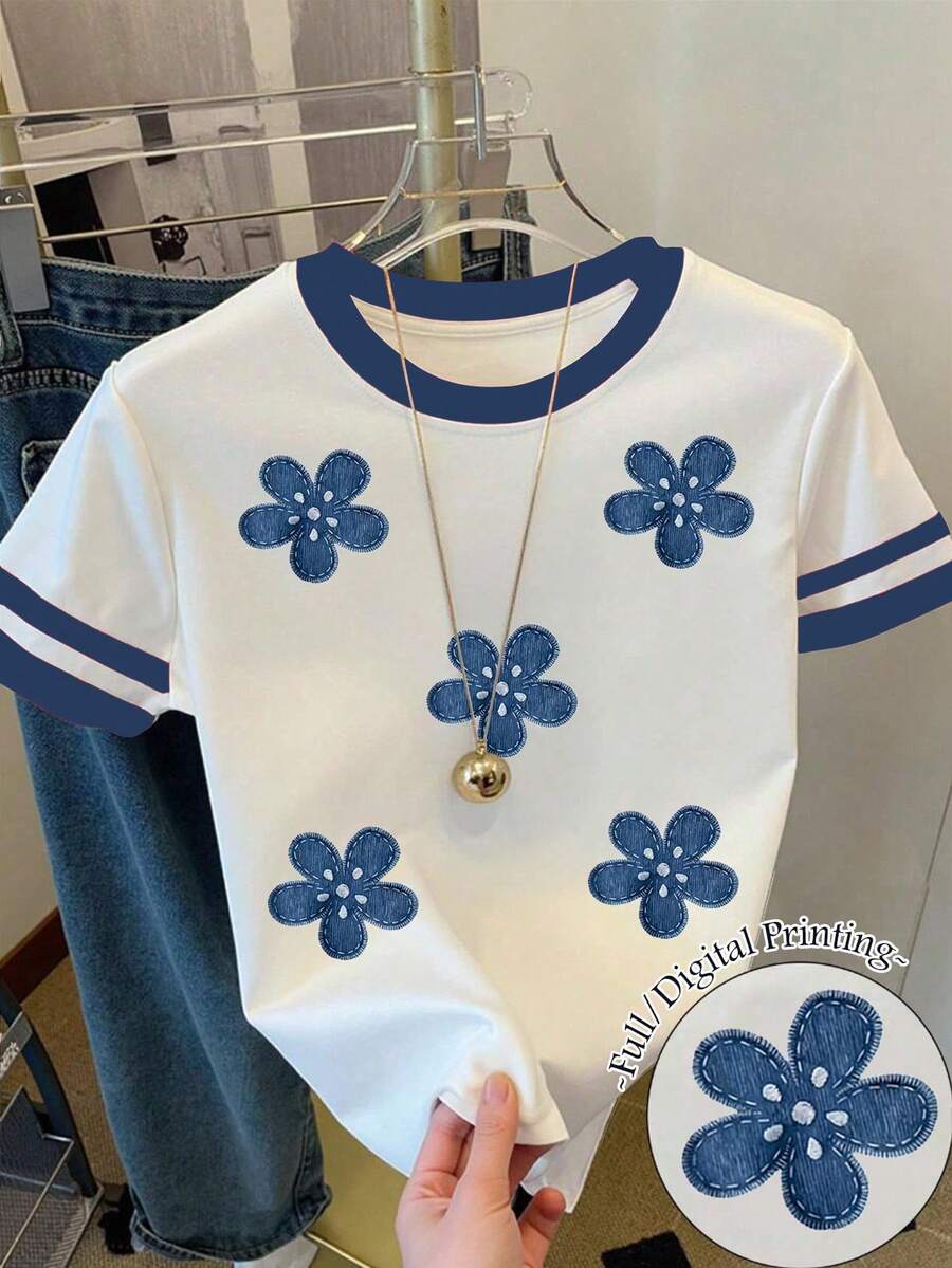 Young Girl Round Neck Contrast Trim Floral Pattern Casual Everyday Short Sleeve T-Shirt - Multicolor - View 1