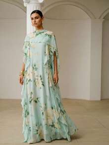 ZEYLAH Extra Long Flowy Printed Robe, Romantic Oversized, Spring - Mint Green - View 4