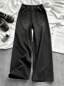 SHEIN Quần jeans ống rộng dáng suông thoải mái dành cho bé gái tuổi teen, có dây buộc eo. - màu đen - Xem 2