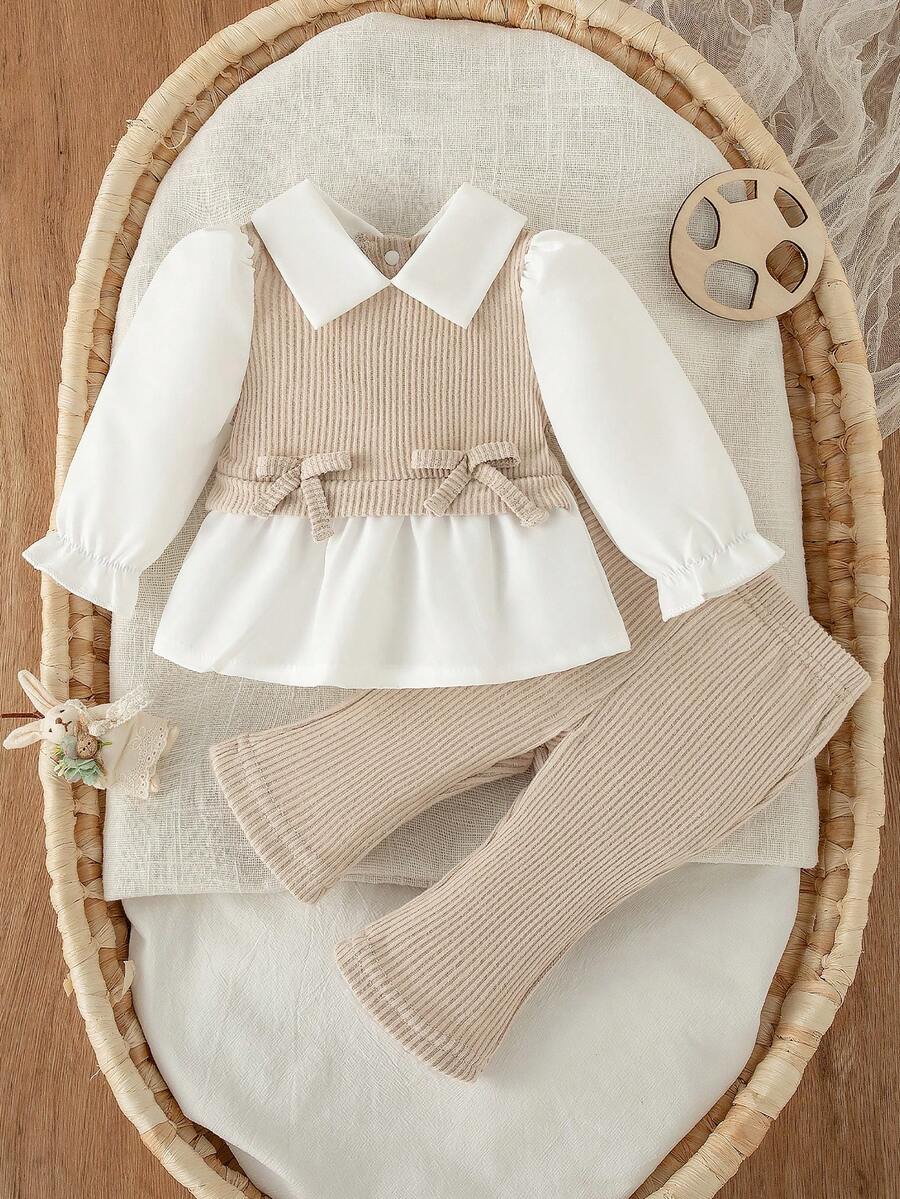 SHEIN Bộ 2 món đồ mặc thường ngày cho bé gái sơ sinh, áo cổ bẻ phối màu và quần ống rộng bằng vải dệt kim, đơn giản và thời trang. - Màu be - Xem 1