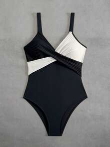 Swim Lushoire 1pc Striped Special Fabric Criss-Cross Front One-Piece Swimsuit - Black and White - View 5