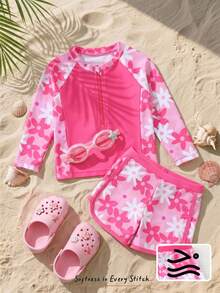 Cozy Pixies 2pcs Baby Girl Loose Long Sleeve Raglan Sweatshirt And Casual Swim Shorts Set, Suitable For Vacation, Beach, Swimming Pool - Pink - View 3