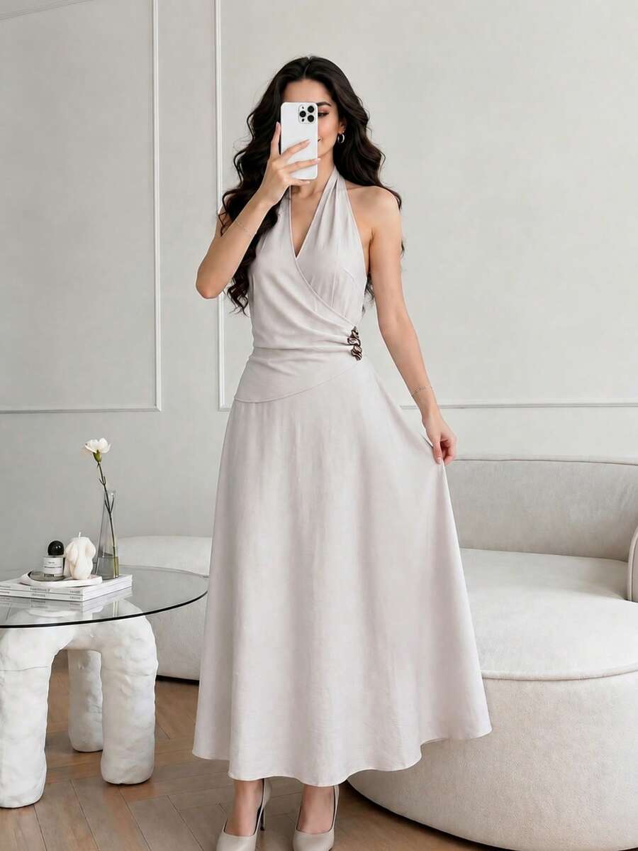 Modelyn Đầm quấn không tay bằng vải dệt nhăn dành cho nữ, có khóa kim loại, kiểu dáng thanh lịch, lãng mạn, thích hợp cho các buổi hẹn hò. - Màu Xám nhạt - Xem 1