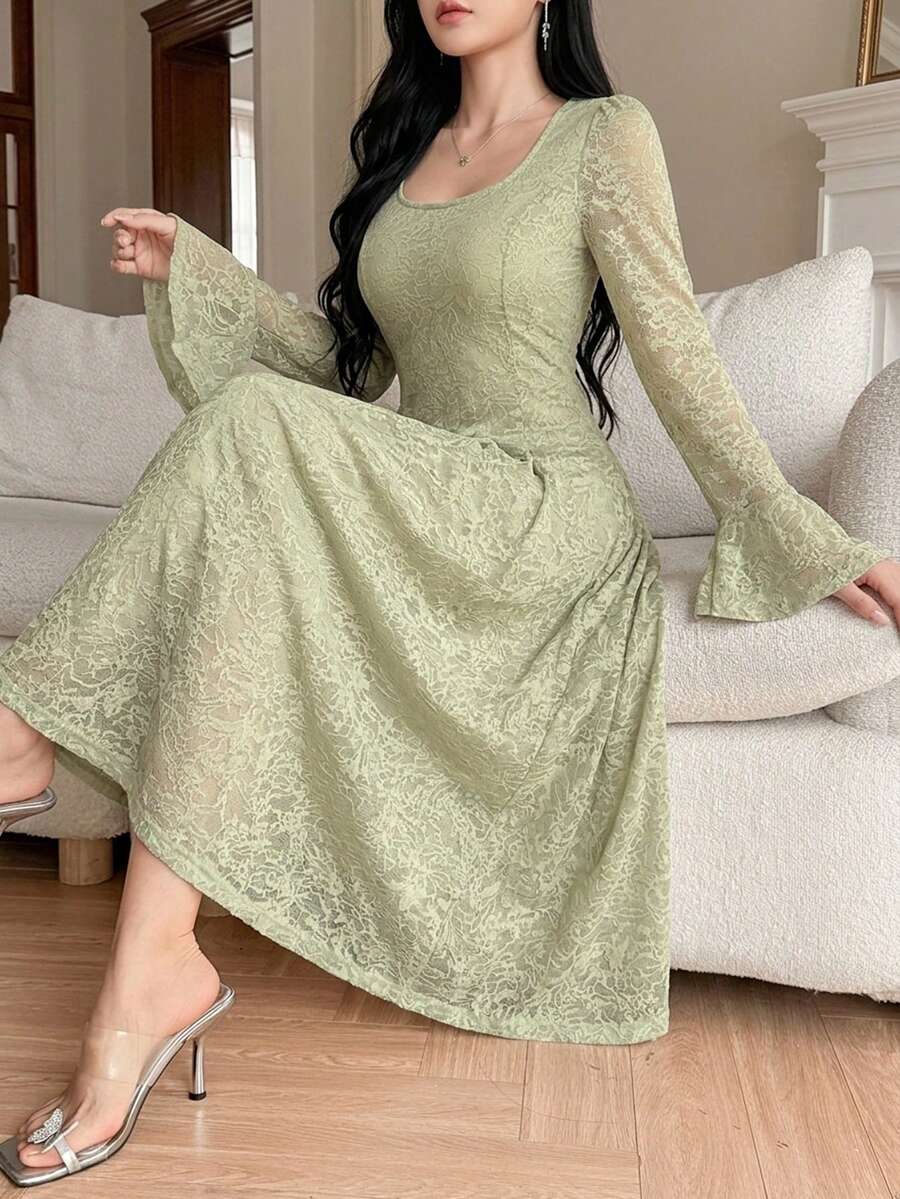 DAZY Vestido midi elegante de mujer con textura de pétalos florales y mangas, vestidos de verano para mujer - Verde Pastel - Ver 1