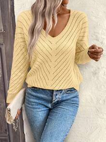 EMERY ROSE Women's Loose Casual Hollow Geometric Textured V-Neck Sweater - Yellow - View 3