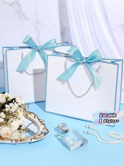 10 Horizontal Kraft Paper Gift Bags With Bow And Ribbon Handles, Suitable For Wedding Bridesmaids To Return Gifts, Unisex, Suitable For Birthdays, Weddings, Bridesmaid Party Returns, Retail Shopping (White And Blue)