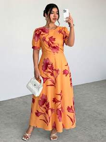 Firerie Spring & Summer Green Tie-Dye Tie Dye Pattern Elegant Maxi Dress With Puff Sleeves, Suitable For Graduation, Renaissance Fair - Orange - View 6