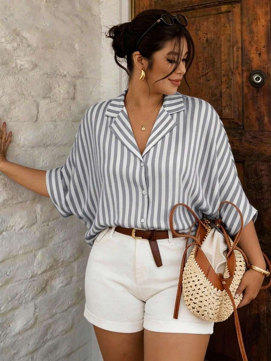 Lounesse Áo sơ mi nữ cỡ lớn kẻ sọc tay lửng 3/4, màu mơ, kiểu dáng thời trang, phù hợp mặc đi làm hàng ngày. - Xám - Xem 1