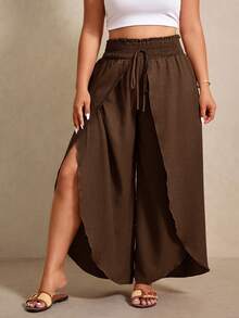 Elaquor Plus Size Casual Boho Solid Color Wrap Wide Leg Pants Vacation Brown Summer - Brown - View 4