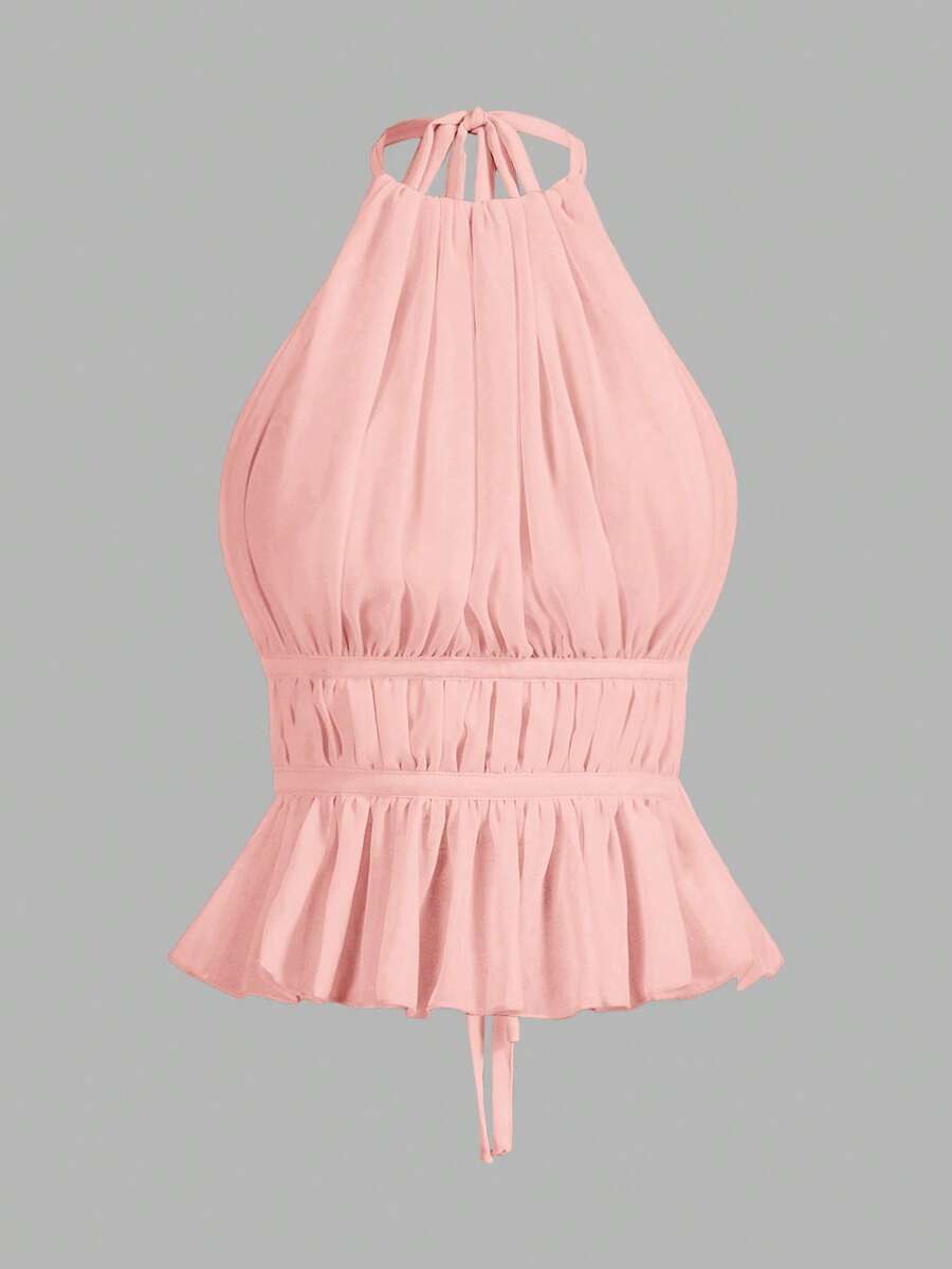 SHEIN PETITE 女款百褶掛脖領收腰綁帶露背背心,夏季上衣,適合嬌小女性 - 藕粉色 - 查看 1