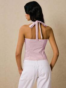 Poéselle Women's Woven Halter Neck Striped Print Fitted Sleeveless Backless Top,Summer Top - Dusty Pink - View 3