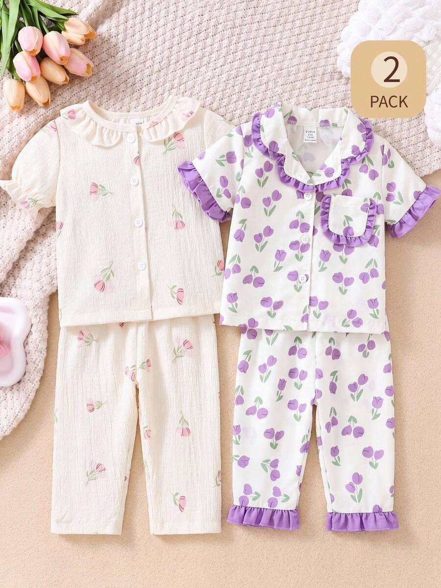Baby Girls' Purple Simple Long Pants And Short Sleeve Loose Casual 2pcs Homewear Set - Purple - View 1
