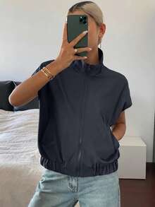 DAZY 女士翻领无袖短款街头休闲背心式薄外套 - 藏蓝色 - 查看 3