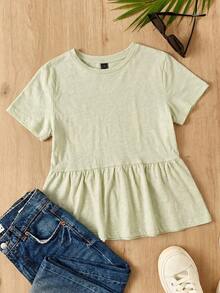 SHEIN EZwear 薄荷綠女款大尺碼圓領拼接 A 字版型純色棉質娃娃風 T恤 - 薄荷綠 - 查看 5