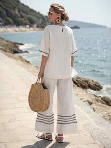 Faunlyn Women's Vacation Casual Contrast Stripe Side Slit Top And Pants 2 Pieces Set - White - View 2