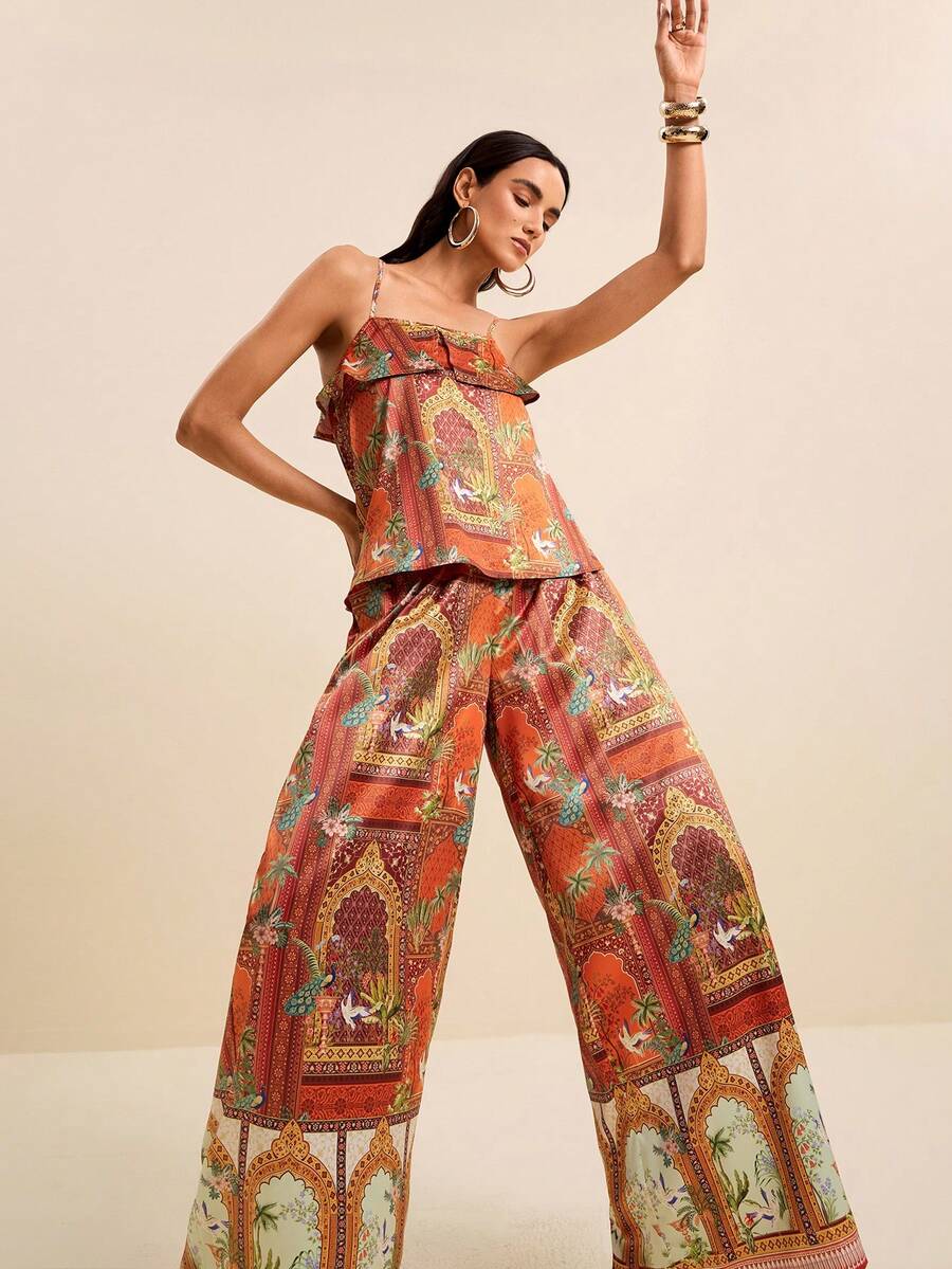 LOTSLUV Conjunto de 2 piezas de camiseta sin mangas morada con estampado de árboles de coco, grúas blancas y arquitectura, y pantalones estampados para vacaciones de primavera/verano de mujer - Multicolor - Ver 1