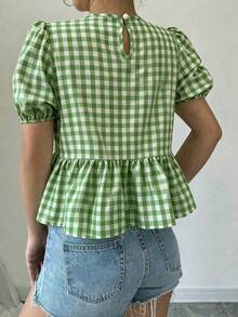 Elenzga 女士夏季纯色圆领泡泡袖蝴蝶结系带荷叶边上衣 - 綠色 - 查看 2