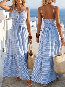 Weeklong Plus Size Women's Elegant Casual Vacation Daily Commute Minimalist Spaghetti Strap Waist Gathered A-Line Striped Patchwork Dress, Spring/Summer - Blue and White - View 1