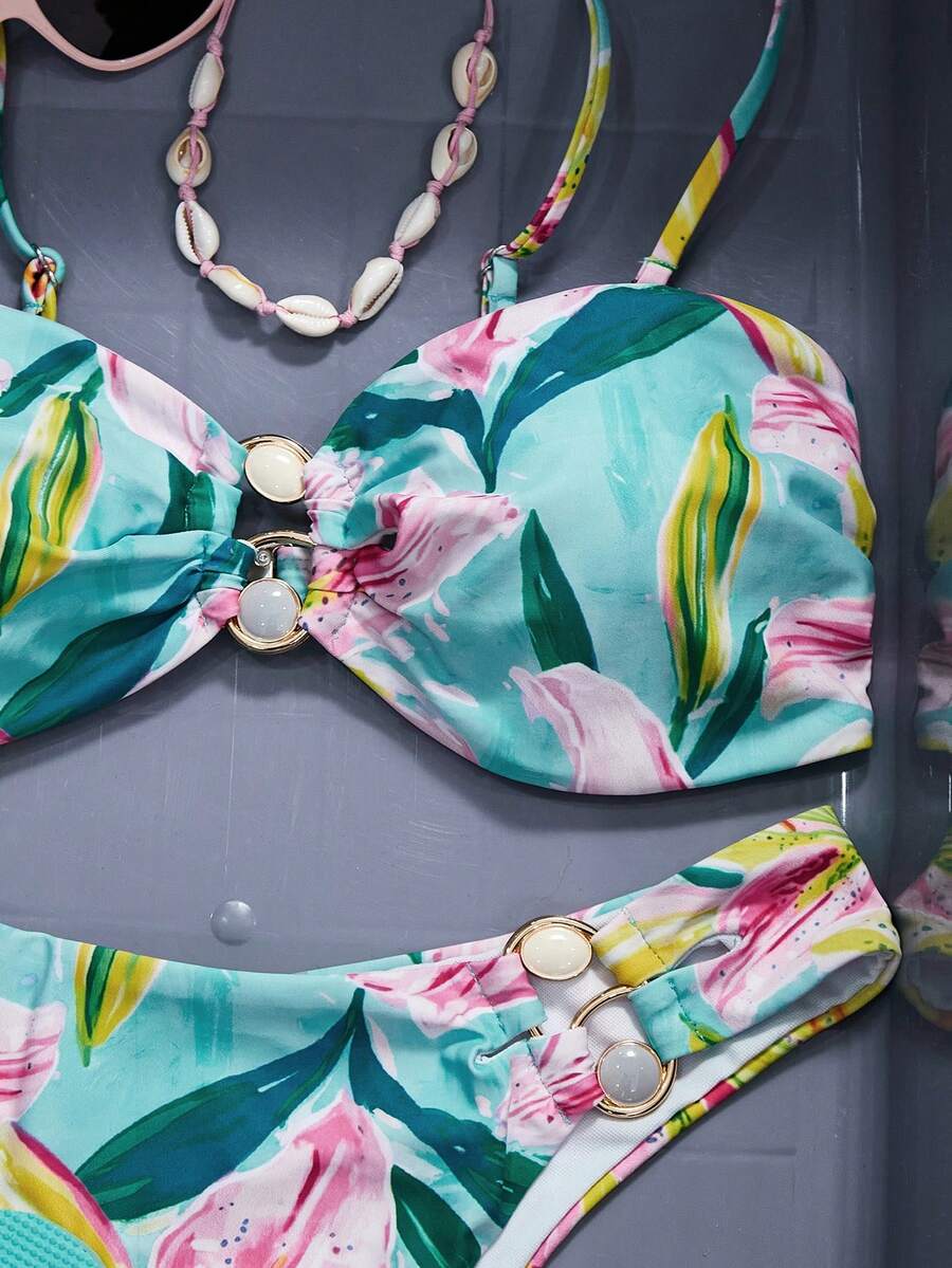 Swim SXY Bộ bikini quây ngực in hoa dành cho nữ - Màu xanh lam - Xem 1